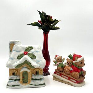 Vintage Christmas Ceramic House & Teddy Bear Sleigh Figurines